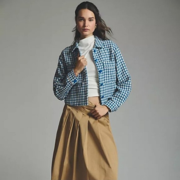 DOLAN Houndstooth Jacket XS Blue White Tweed Feel Cropped Anthropologie - Picture 3 of 12